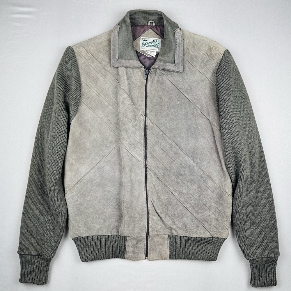 Vintage Outdoor Exchange Suede Leather Knit Bomber Jacket Full Zip Size L